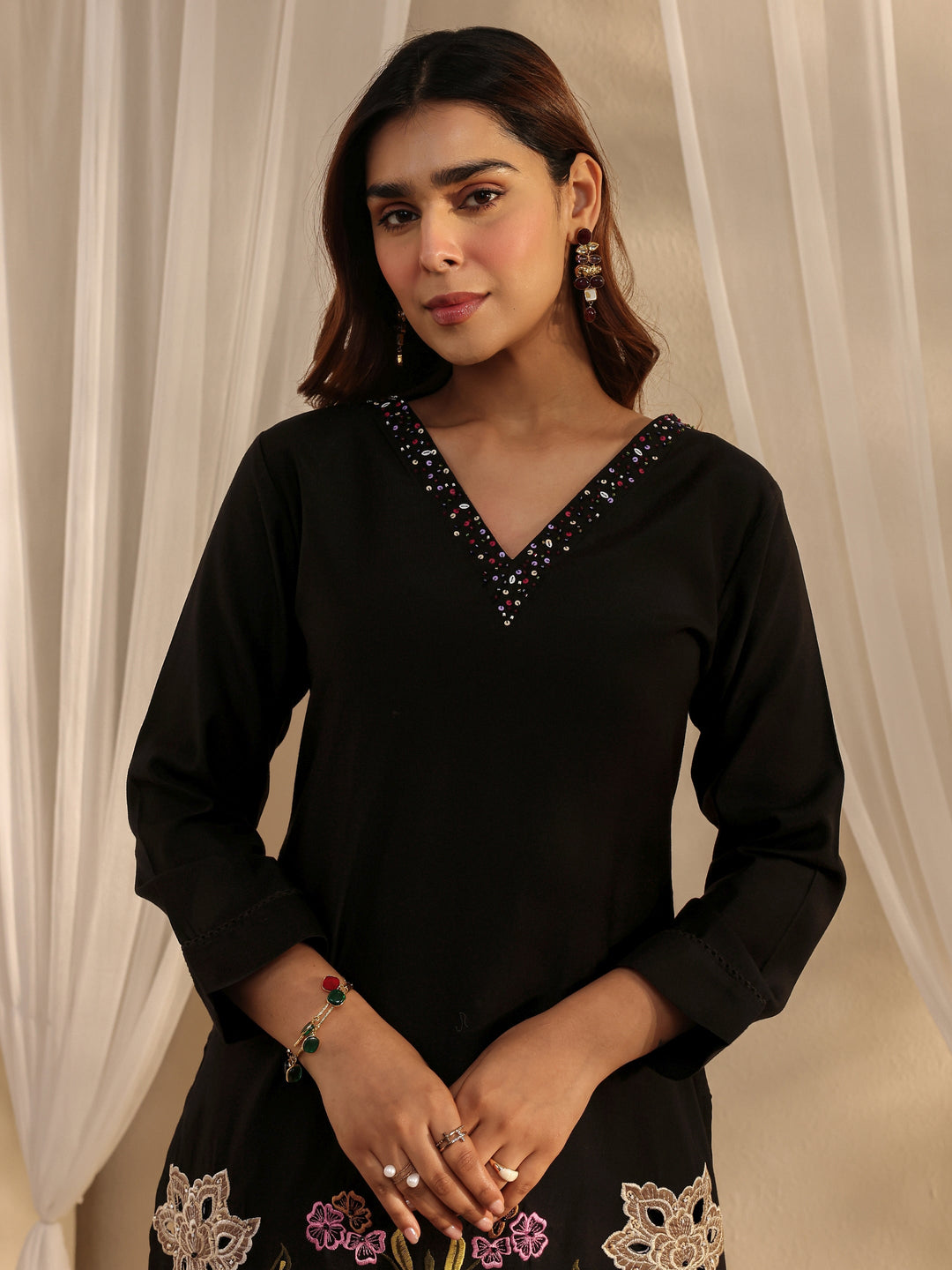 Black Floral Embroidered Silk Blend Straight Suit Set With Dupatta