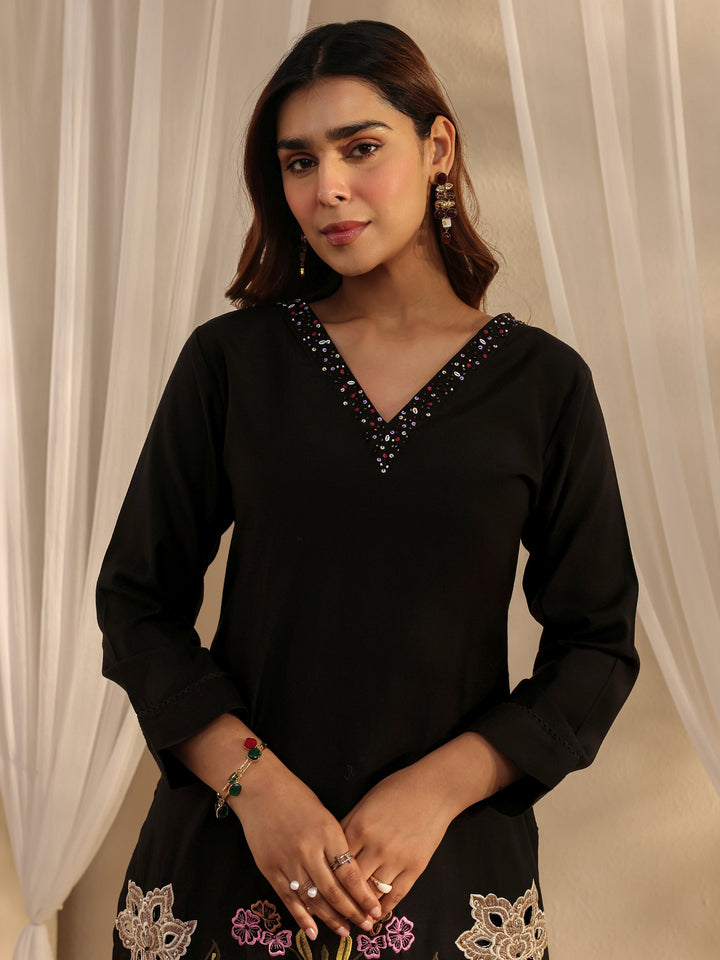 Black Floral Embroidered Silk Blend Straight Suit Set With Dupatta