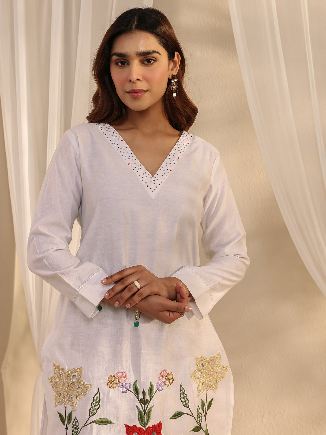 White Floral Embroidered Silk Blend Straight Suit Set With Dupatta