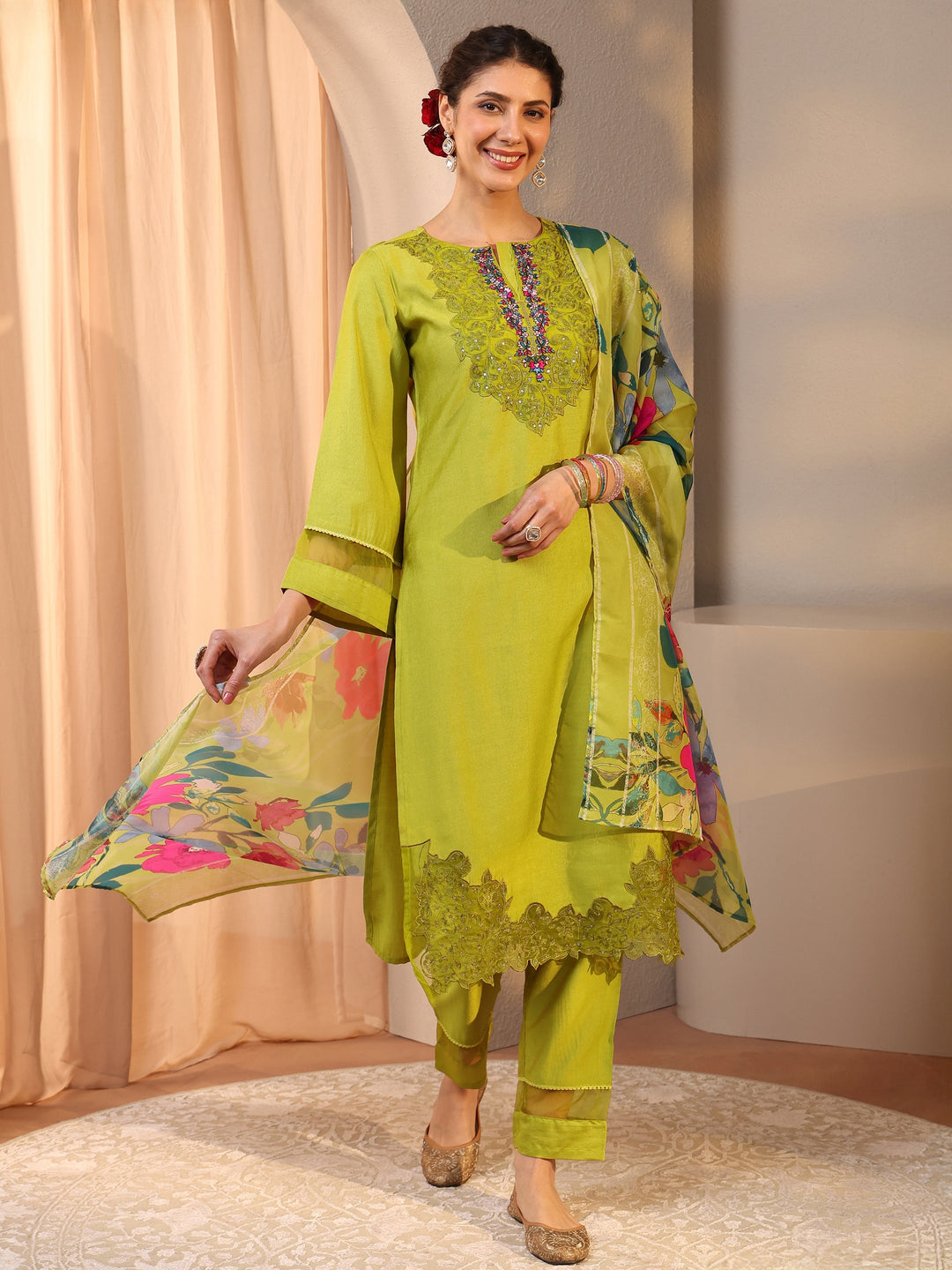 Green Floral Embroidered Silk Blend Straight Suit Set With Dupatta