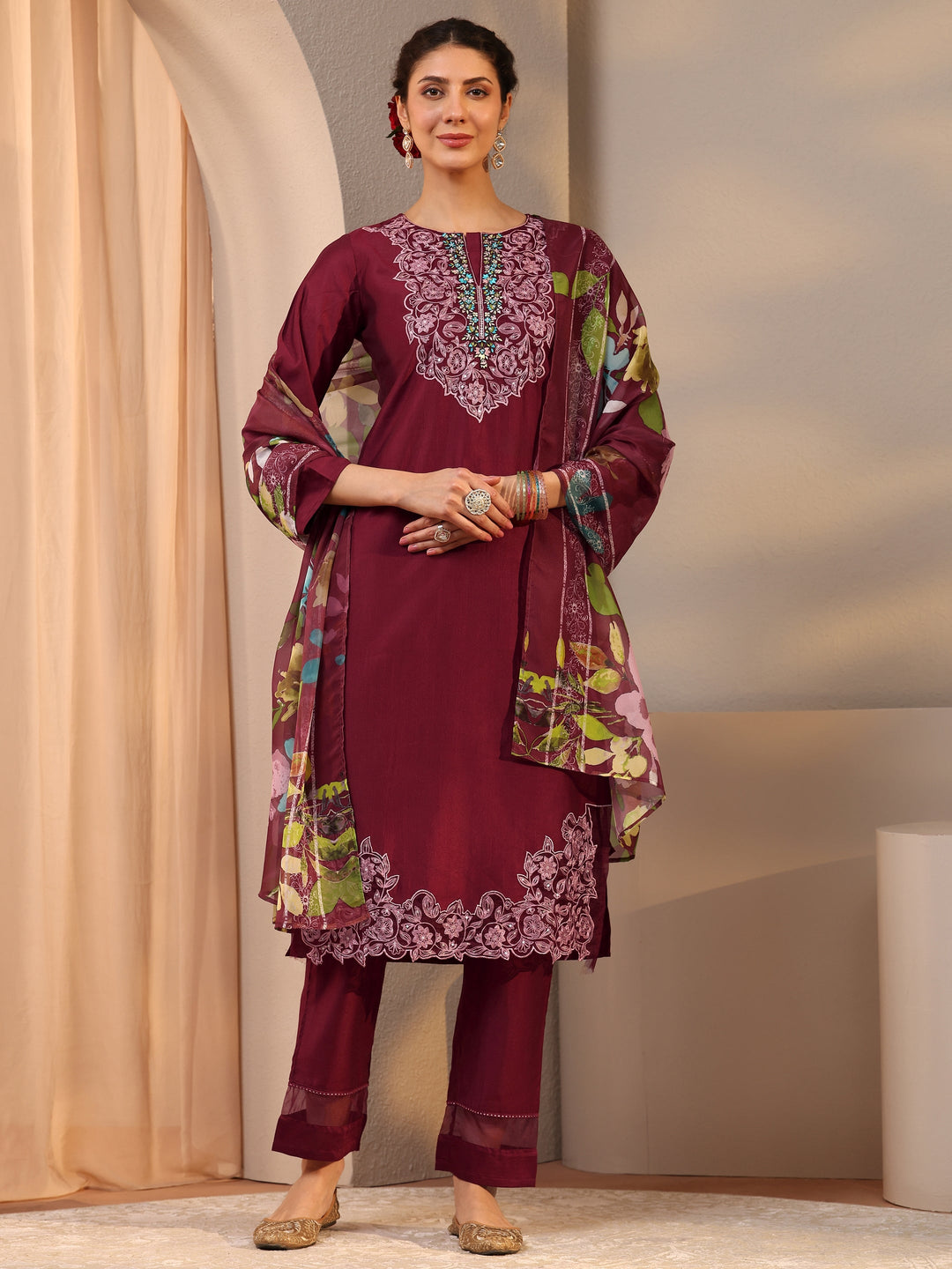 Maroon Floral Embroidered Silk Blend Straight Suit Set With Dupatta