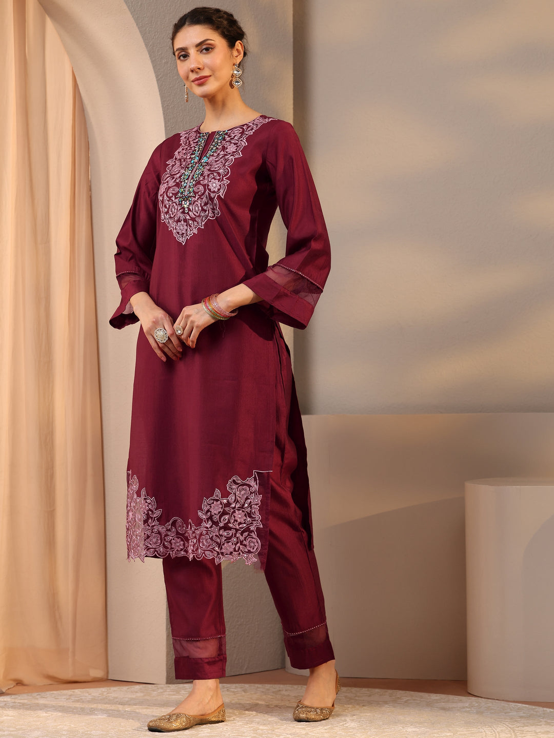 Maroon Floral Embroidered Silk Blend Straight Suit Set With Dupatta