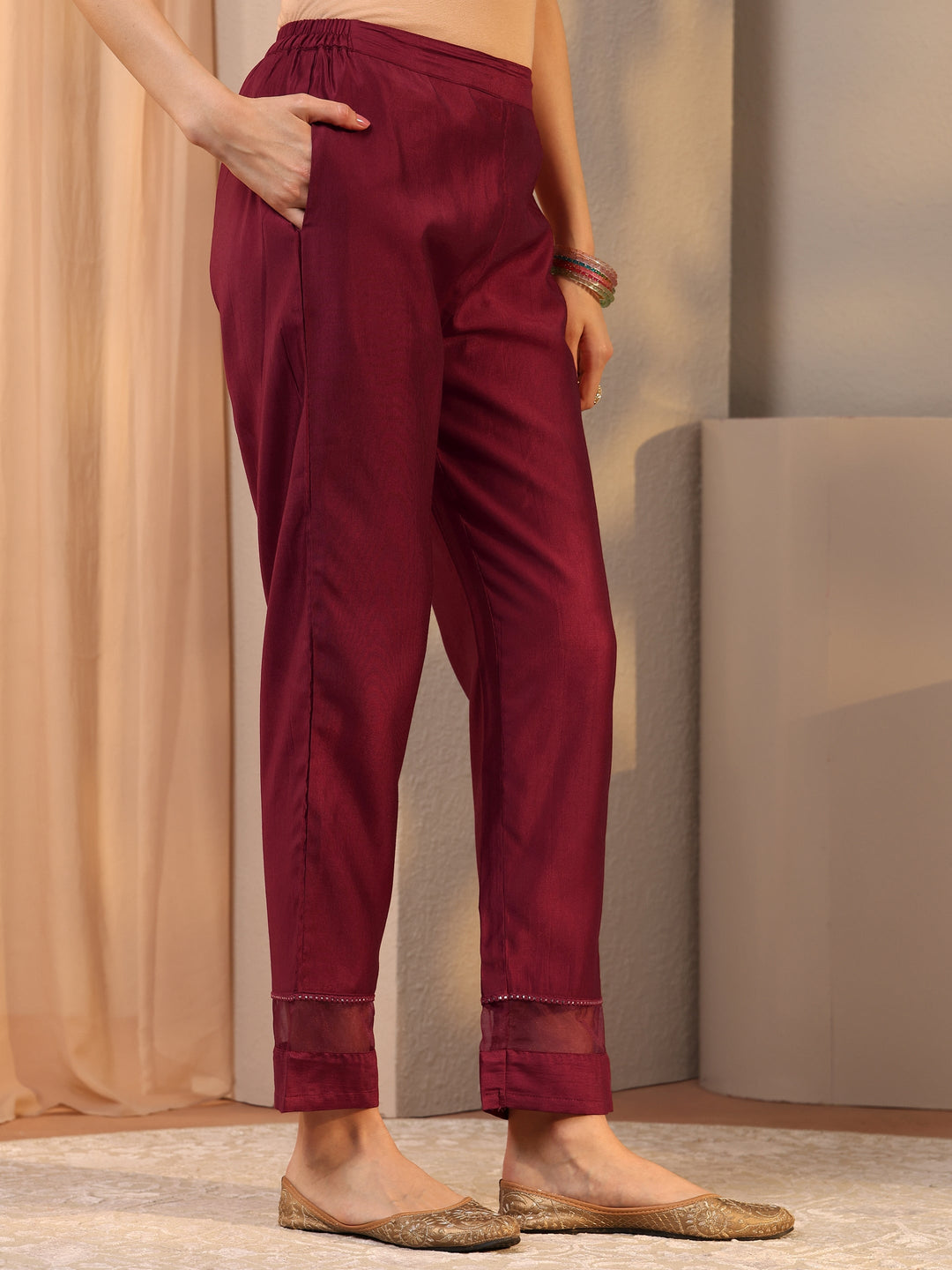 Maroon Floral Embroidered Silk Blend Straight Suit Set With Dupatta