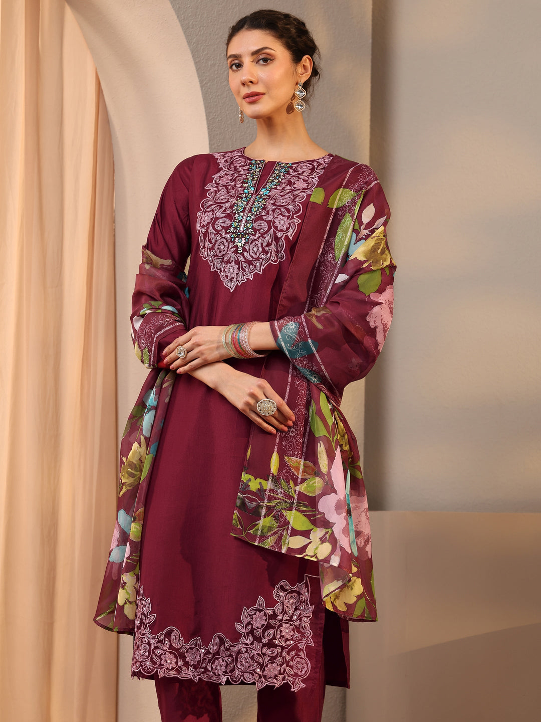 Maroon Floral Embroidered Silk Blend Straight Suit Set With Dupatta