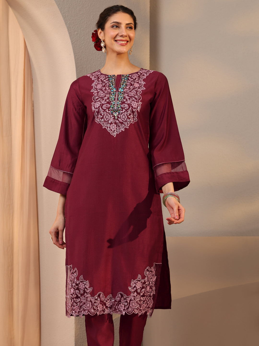 Maroon Floral Embroidered Silk Blend Straight Suit Set With Dupatta