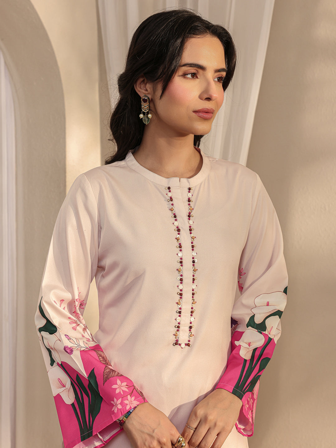 Ivory Floral Printed Silk Blend Straight Suit Set With Dupatta