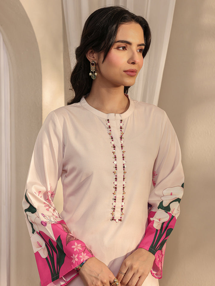 Ivory Floral Printed Silk Blend Straight Suit Set With Dupatta