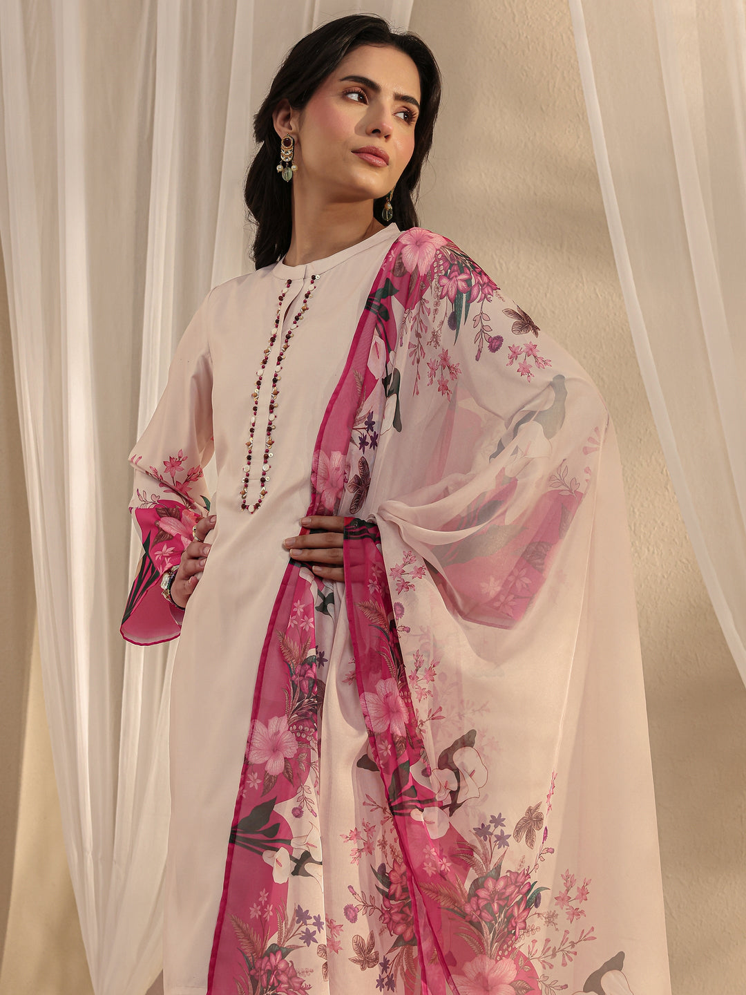 Ivory Floral Printed Silk Blend Straight Suit Set With Dupatta