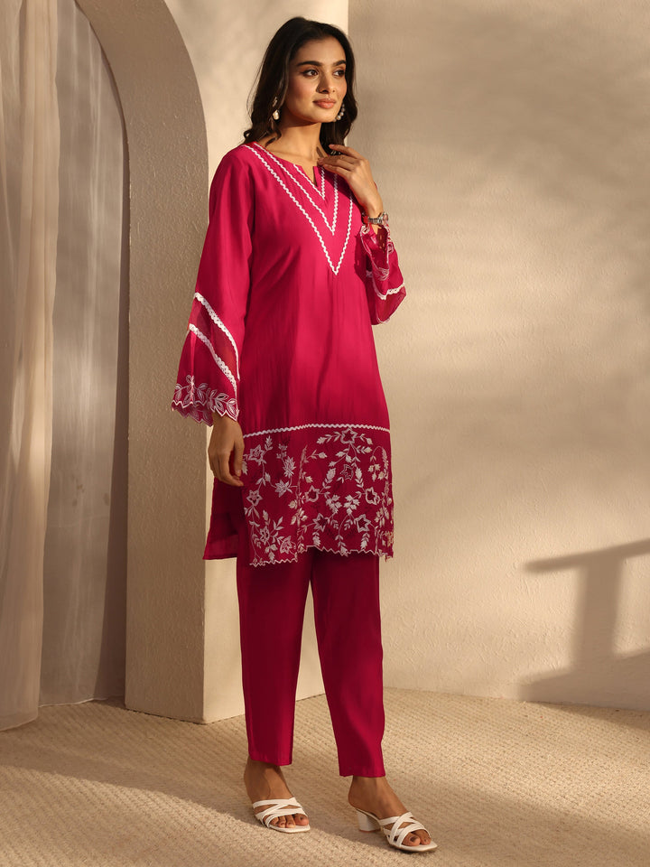 Red Floral Embroidered Silk Blend Straight Suit Set With Dupatta