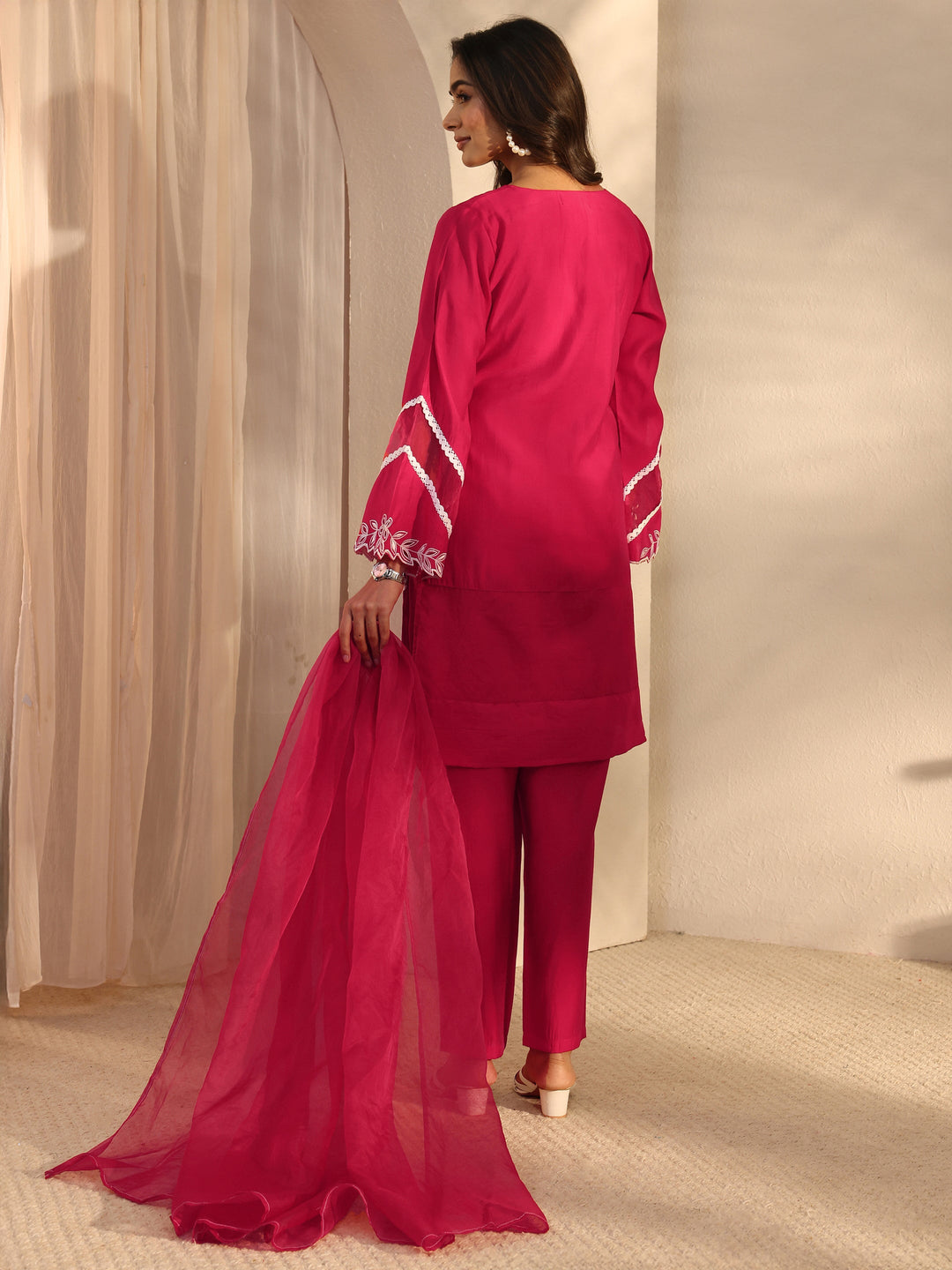 Red Floral Embroidered Silk Blend Straight Suit Set With Dupatta