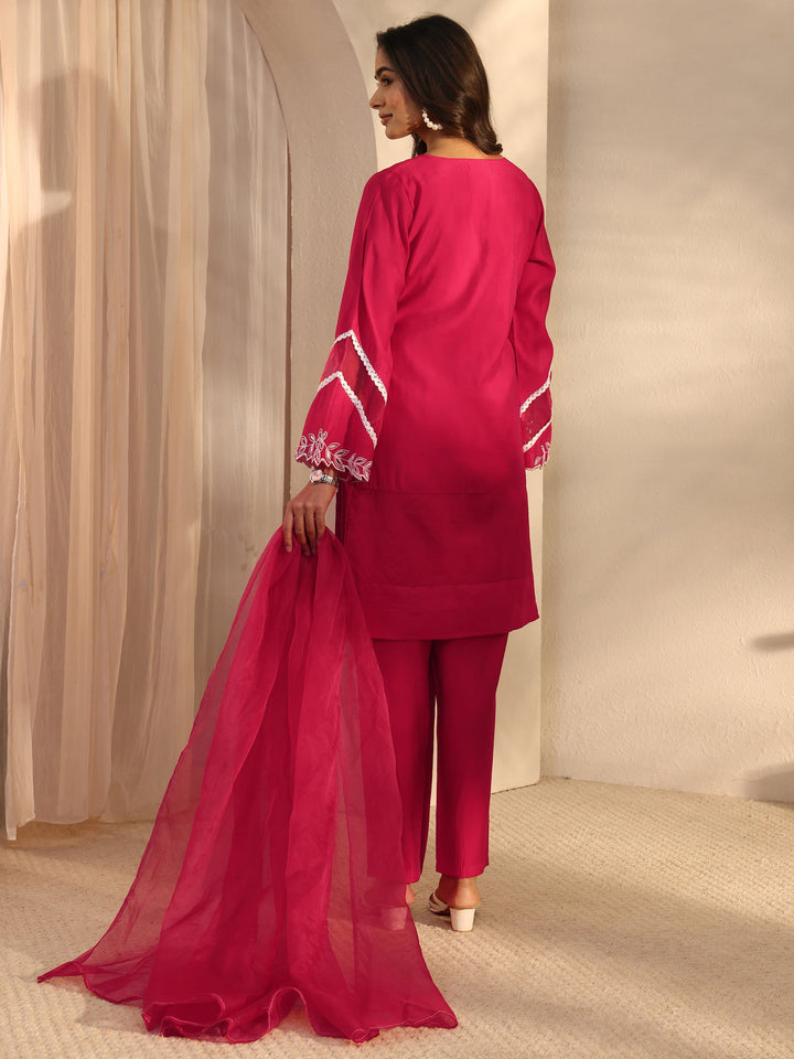 Red Floral Embroidered Silk Blend Straight Suit Set With Dupatta