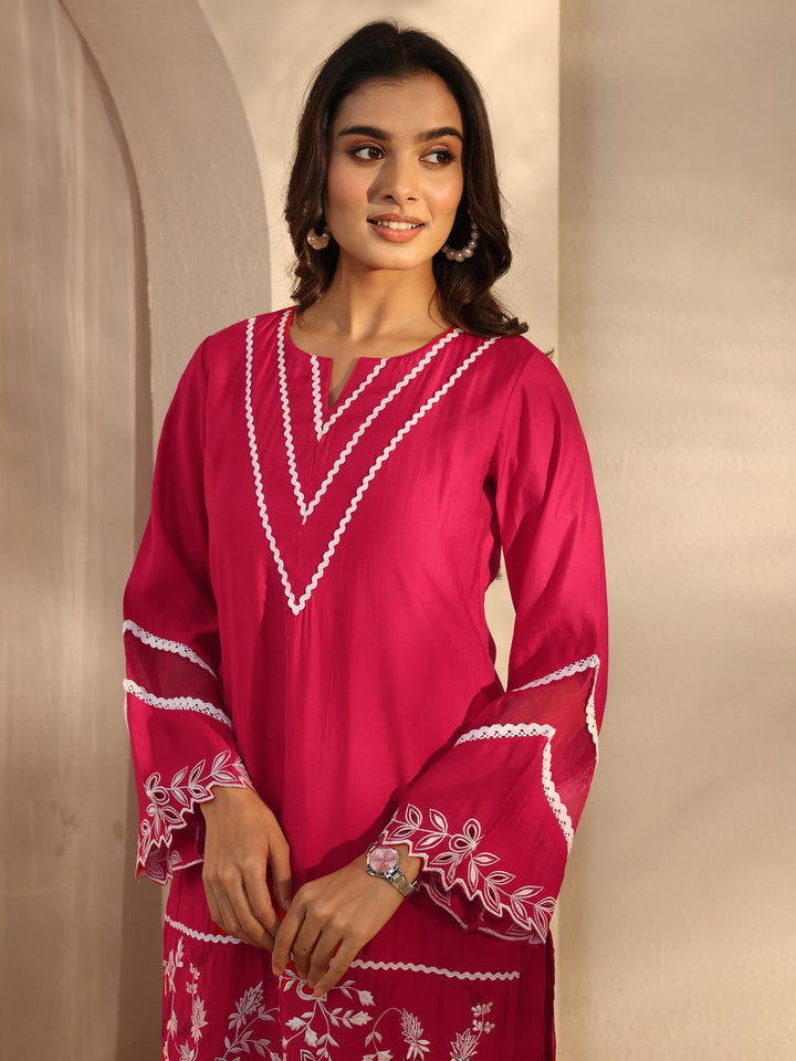 Red Floral Embroidered Silk Blend Straight Suit Set With Dupatta