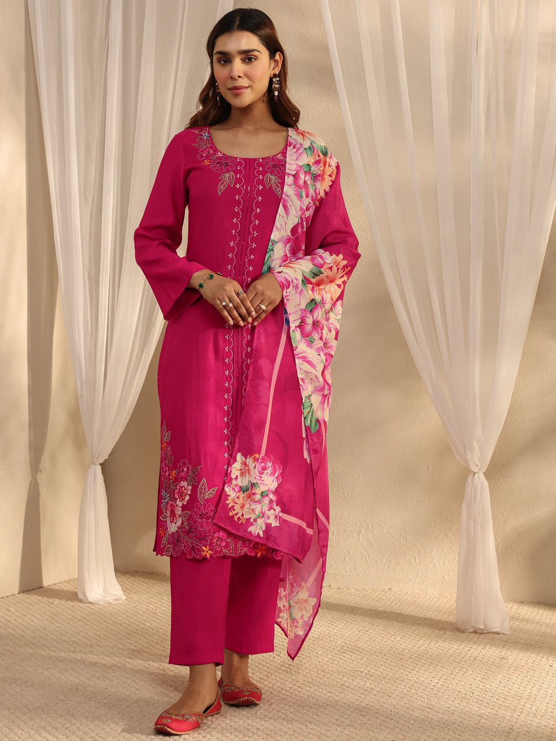 Pink Floral Embroidered Silk Blend Straight Suit Set With Dupatta