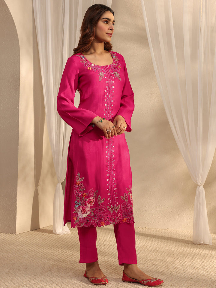 Pink Floral Embroidered Silk Blend Straight Suit Set With Dupatta