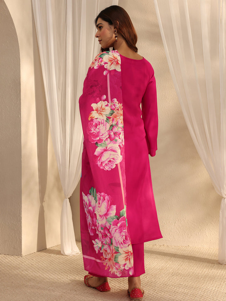 Pink Floral Embroidered Silk Blend Straight Suit Set With Dupatta
