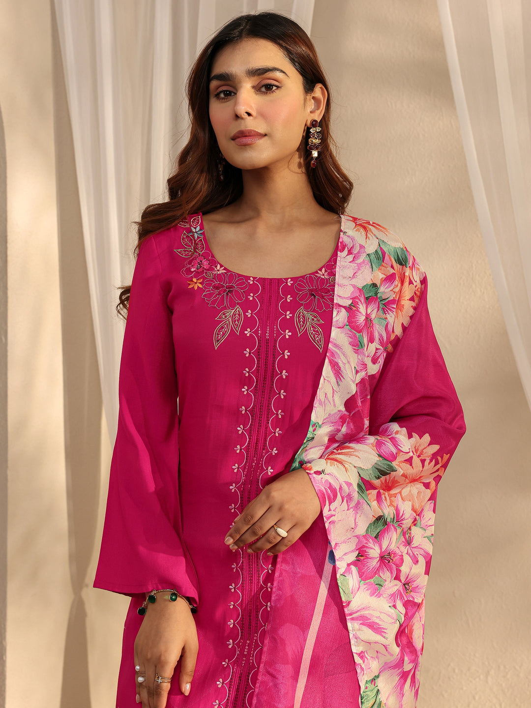 Pink Floral Embroidered Silk Blend Straight Suit Set With Dupatta