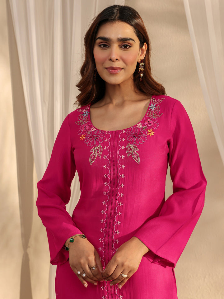 Pink Floral Embroidered Silk Blend Straight Suit Set With Dupatta