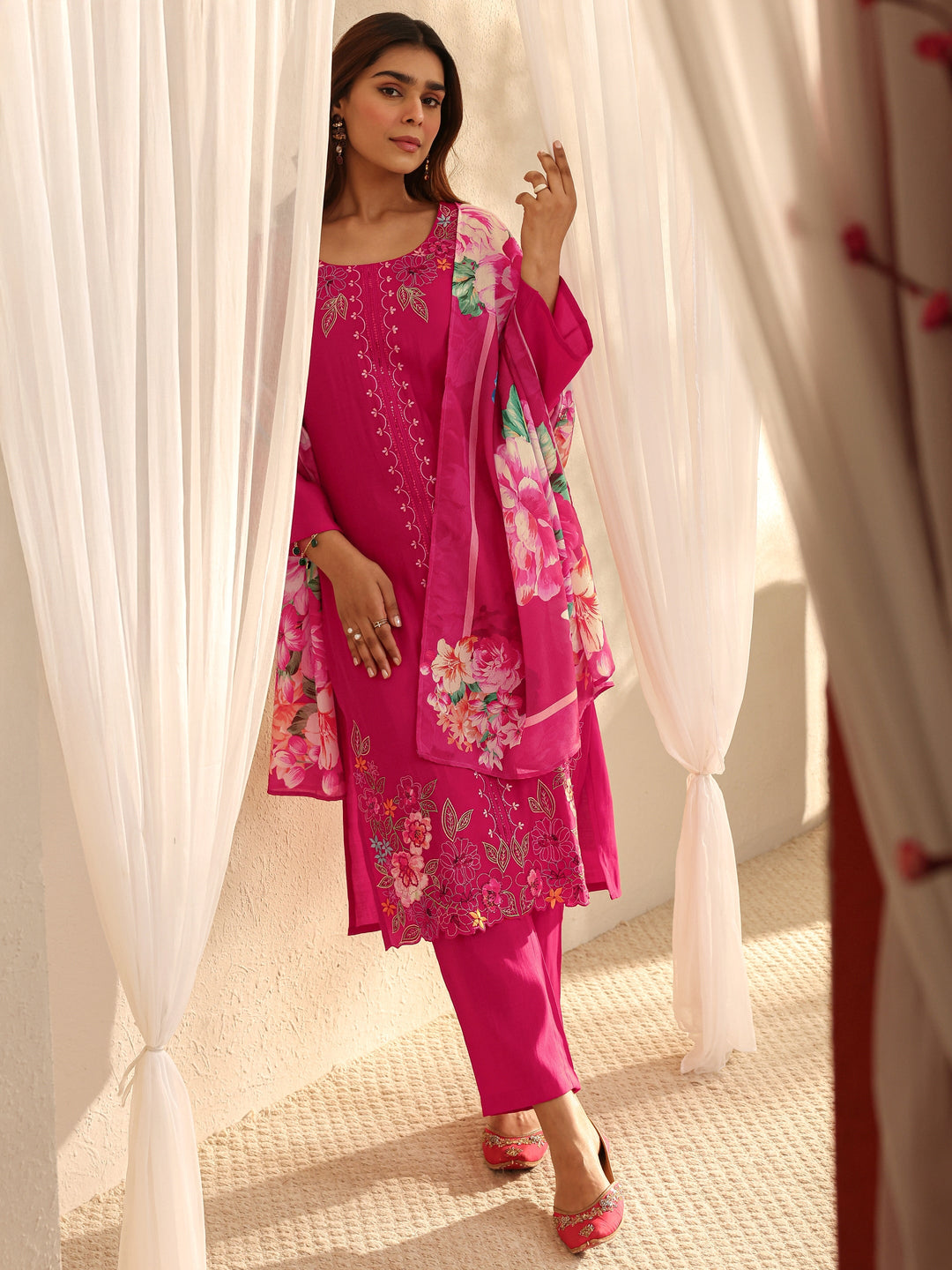 Pink Floral Embroidered Silk Blend Straight Suit Set With Dupatta