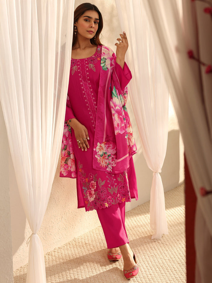 Pink Floral Embroidered Silk Blend Straight Suit Set With Dupatta