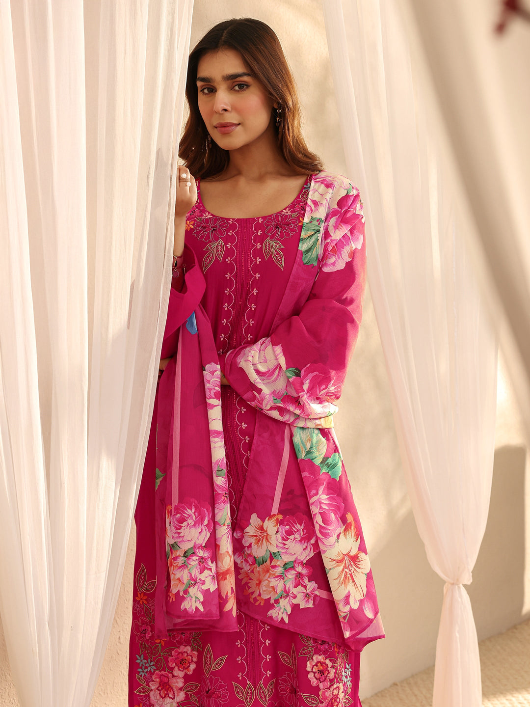 Pink Floral Embroidered Silk Blend Straight Suit Set With Dupatta
