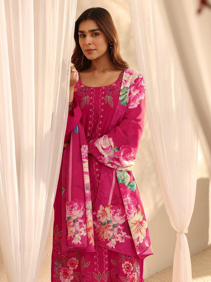 Pink Floral Embroidered Silk Blend Straight Suit Set With Dupatta