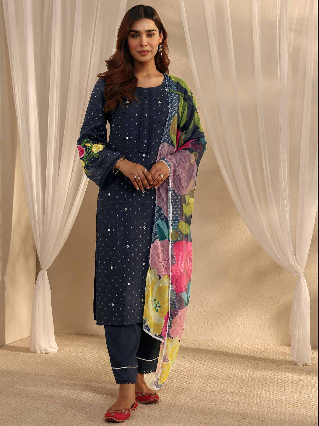 Navy Blue Floral Embroidered Cotton Blend Straight Suit Set With Dupatta