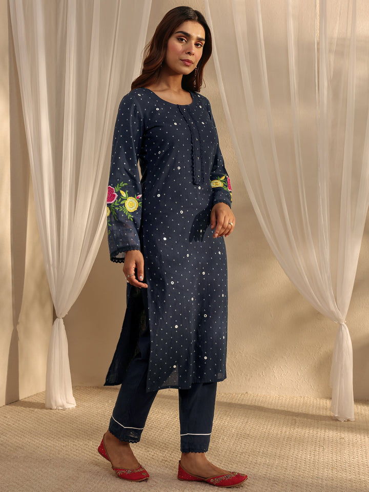 Navy Blue Floral Embroidered Cotton Blend Straight Suit Set With Dupatta