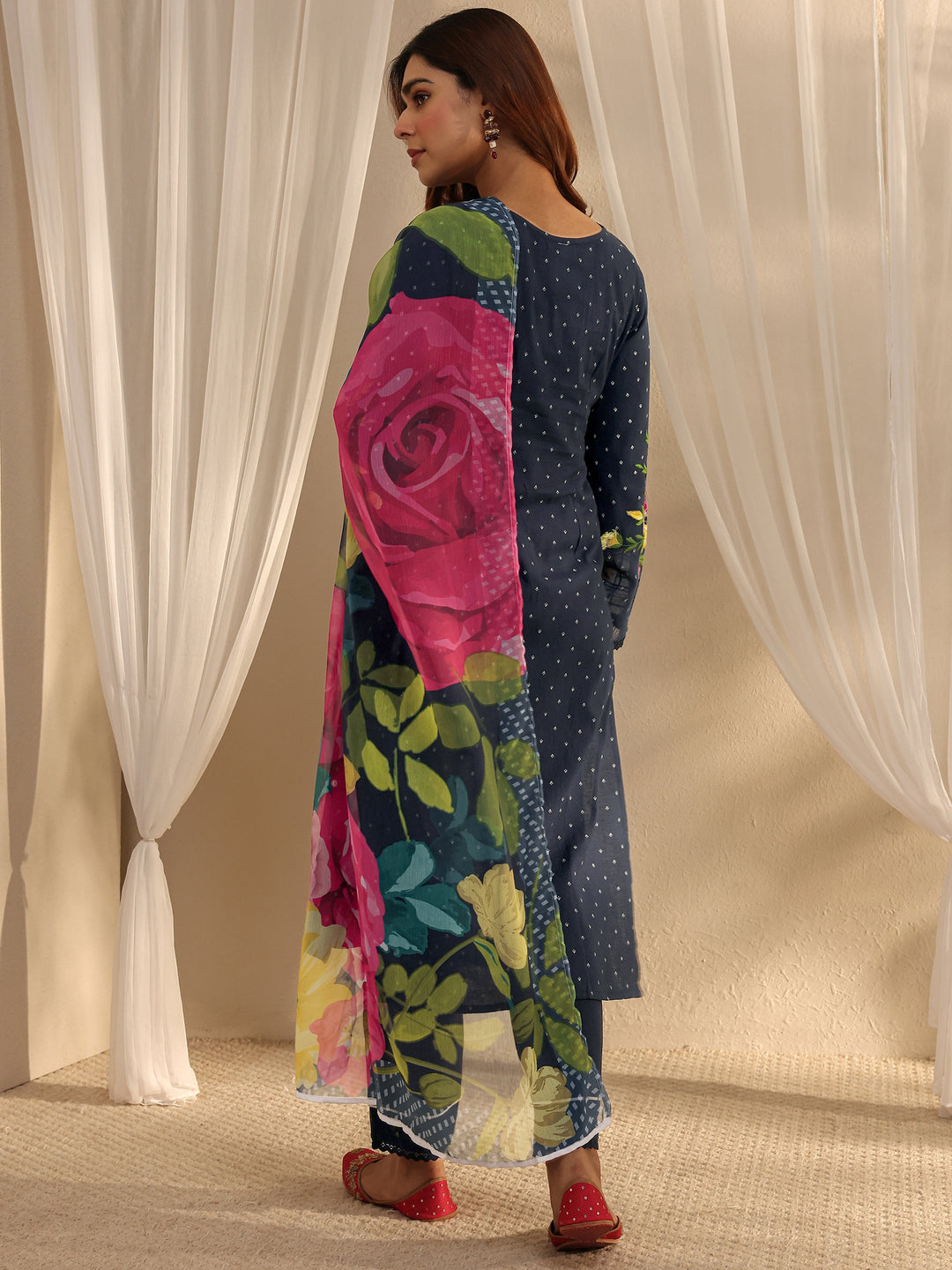 Navy Blue Floral Embroidered Cotton Blend Straight Suit Set With Dupatta