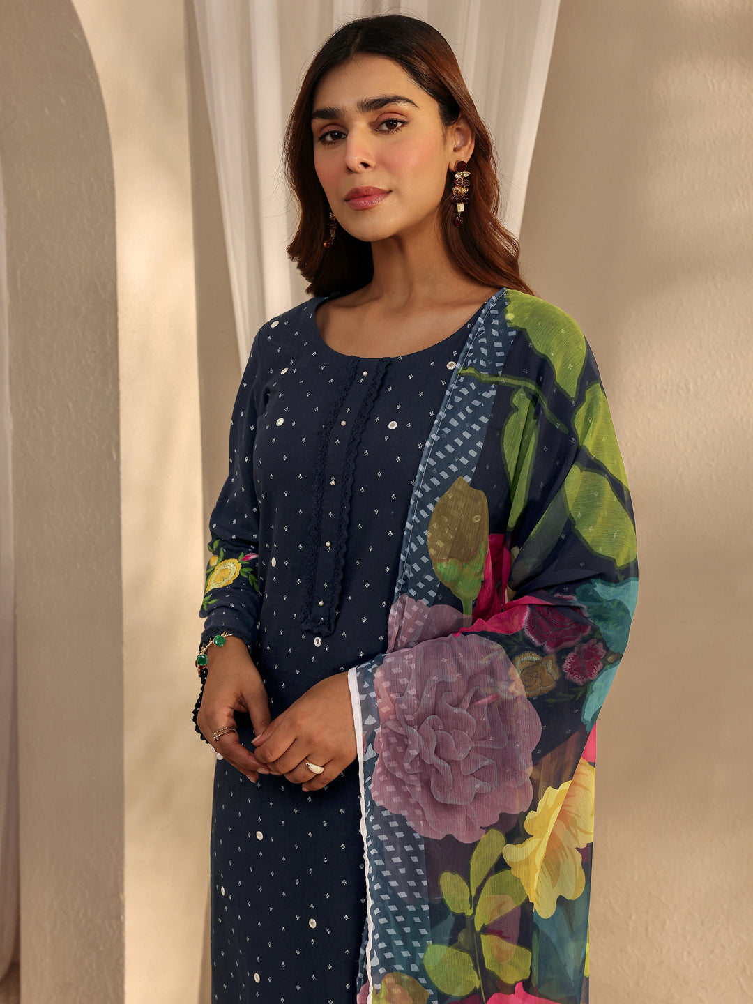 Navy Blue Floral Embroidered Cotton Blend Straight Suit Set With Dupatta