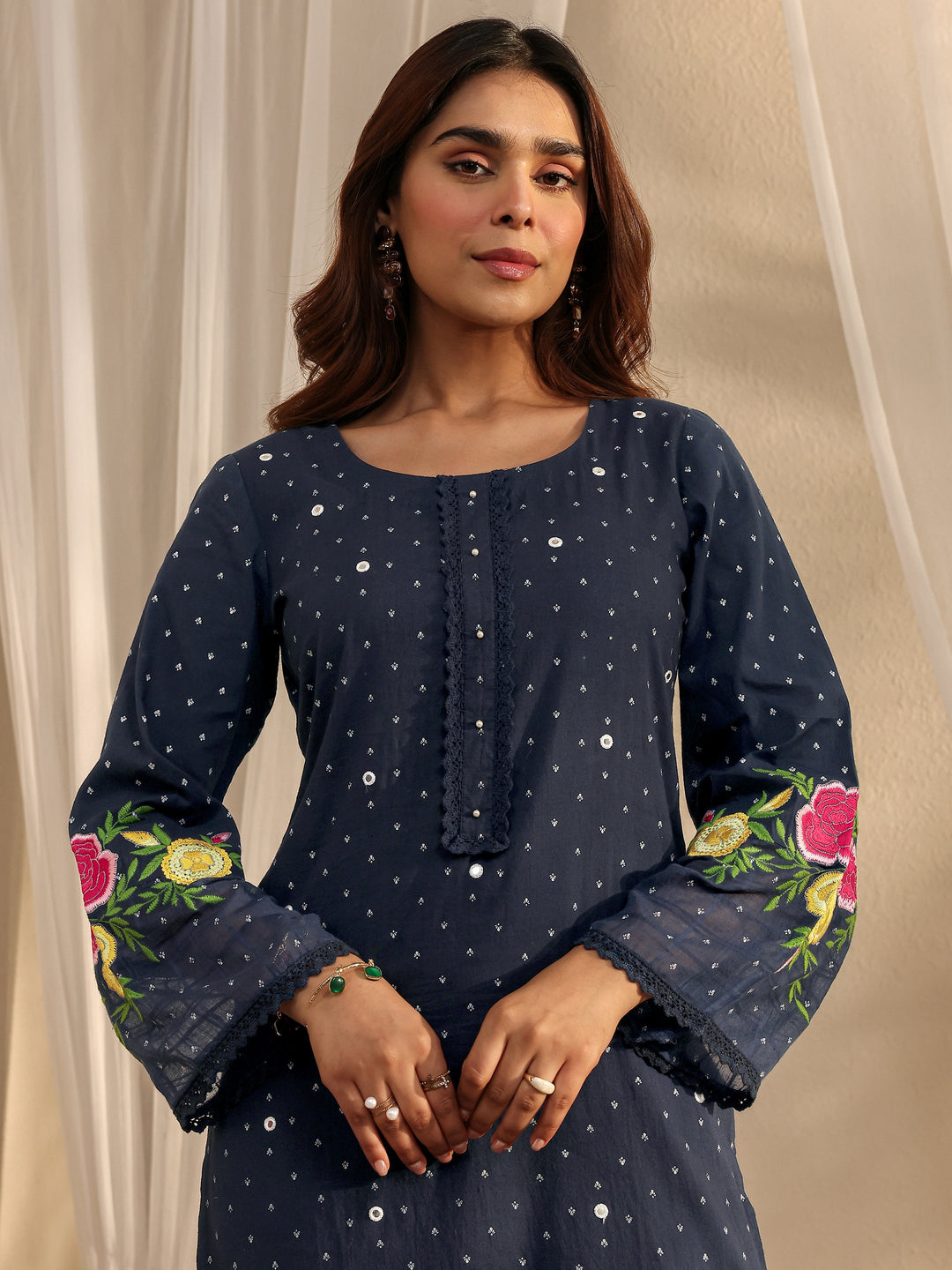 Navy Blue Floral Embroidered Cotton Blend Straight Suit Set With Dupatta