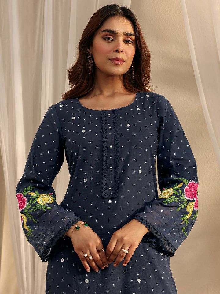 Navy Blue Floral Embroidered Cotton Blend Straight Suit Set With Dupatta