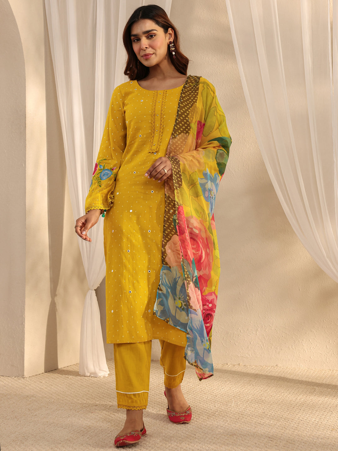 Mustard Floral Embroidered Cotton Blend Straight Suit Set With Dupatta