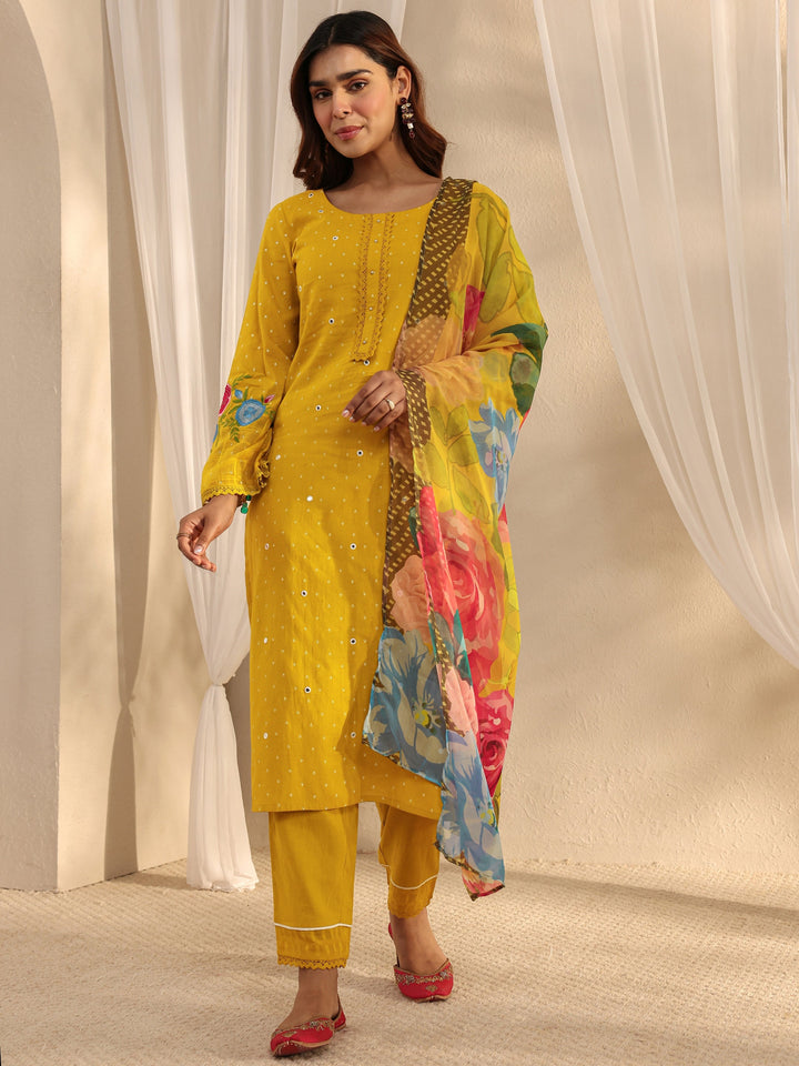 Mustard Floral Embroidered Cotton Blend Straight Suit Set With Dupatta