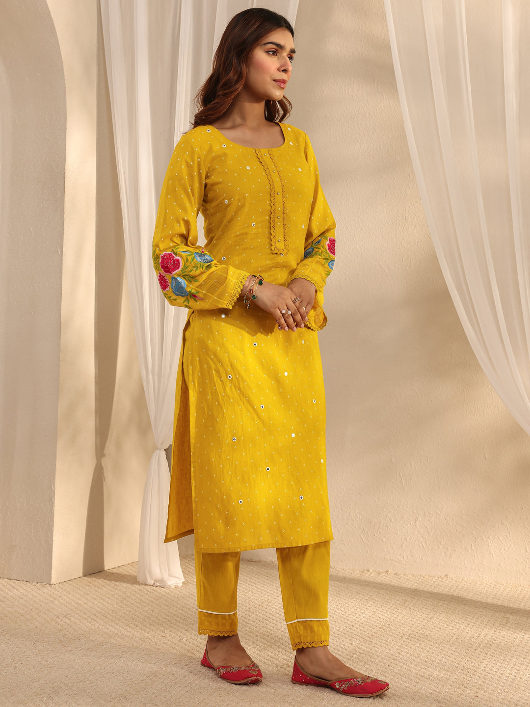Mustard Floral Embroidered Cotton Blend Straight Suit Set With Dupatta