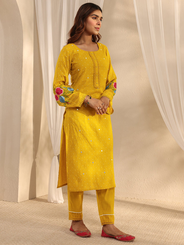 Mustard Floral Embroidered Cotton Blend Straight Suit Set With Dupatta
