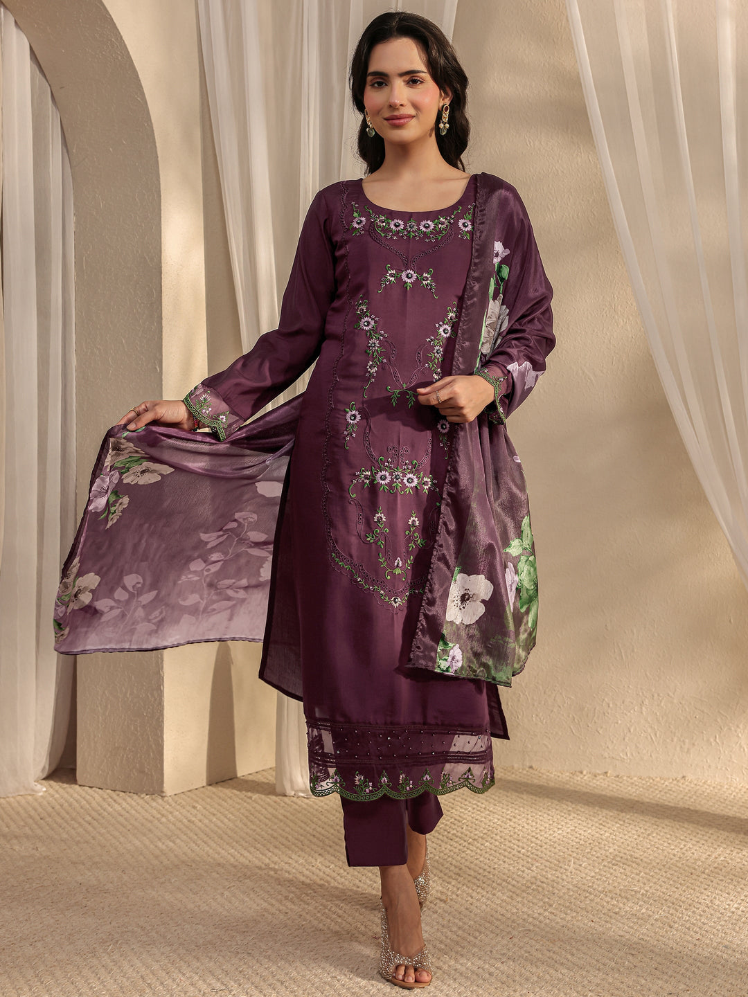 Magenta Floral Embroidered Silk Blend Straight Suit Set With Dupatta