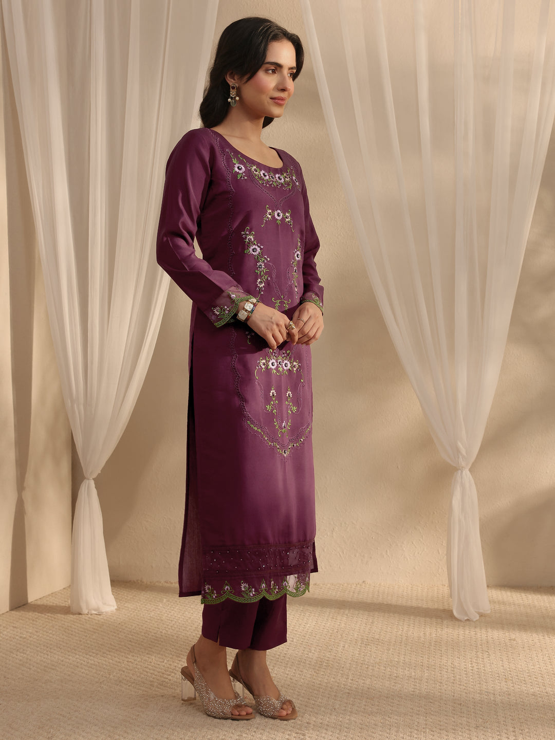 Magenta Floral Embroidered Silk Blend Straight Suit Set With Dupatta