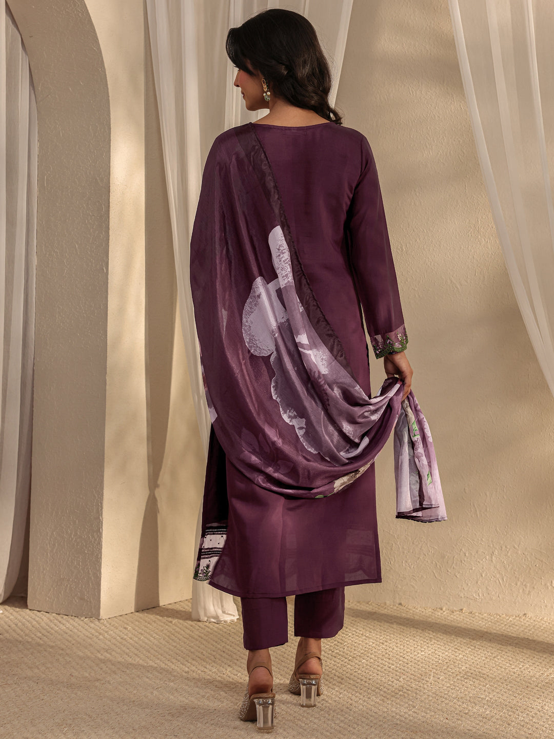 Magenta Floral Embroidered Silk Blend Straight Suit Set With Dupatta