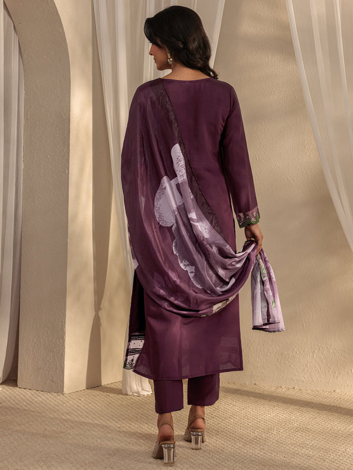 Magenta Floral Embroidered Silk Blend Straight Suit Set With Dupatta