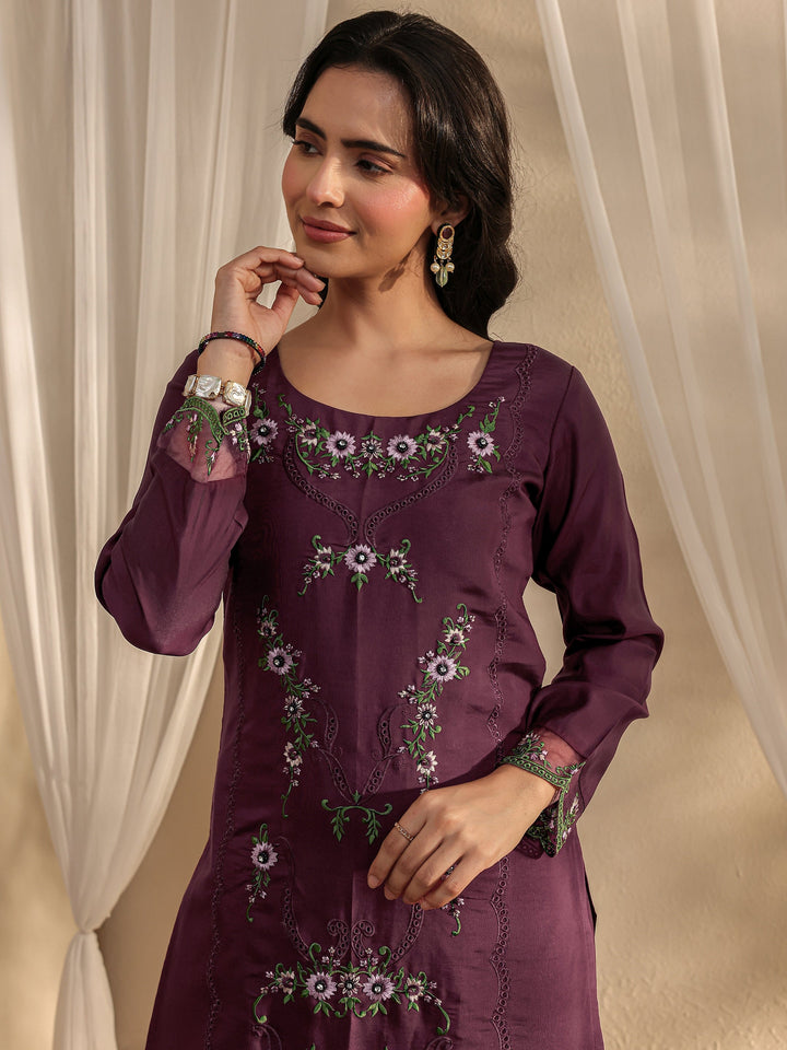 Magenta Floral Embroidered Silk Blend Straight Suit Set With Dupatta