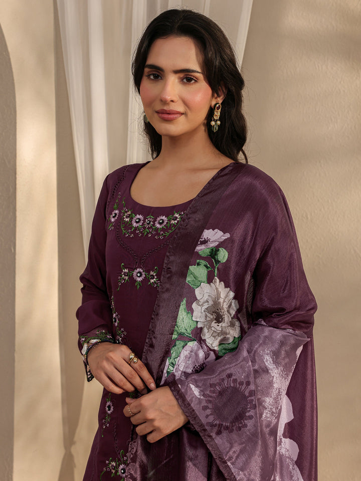 Magenta Floral Embroidered Silk Blend Straight Suit Set With Dupatta