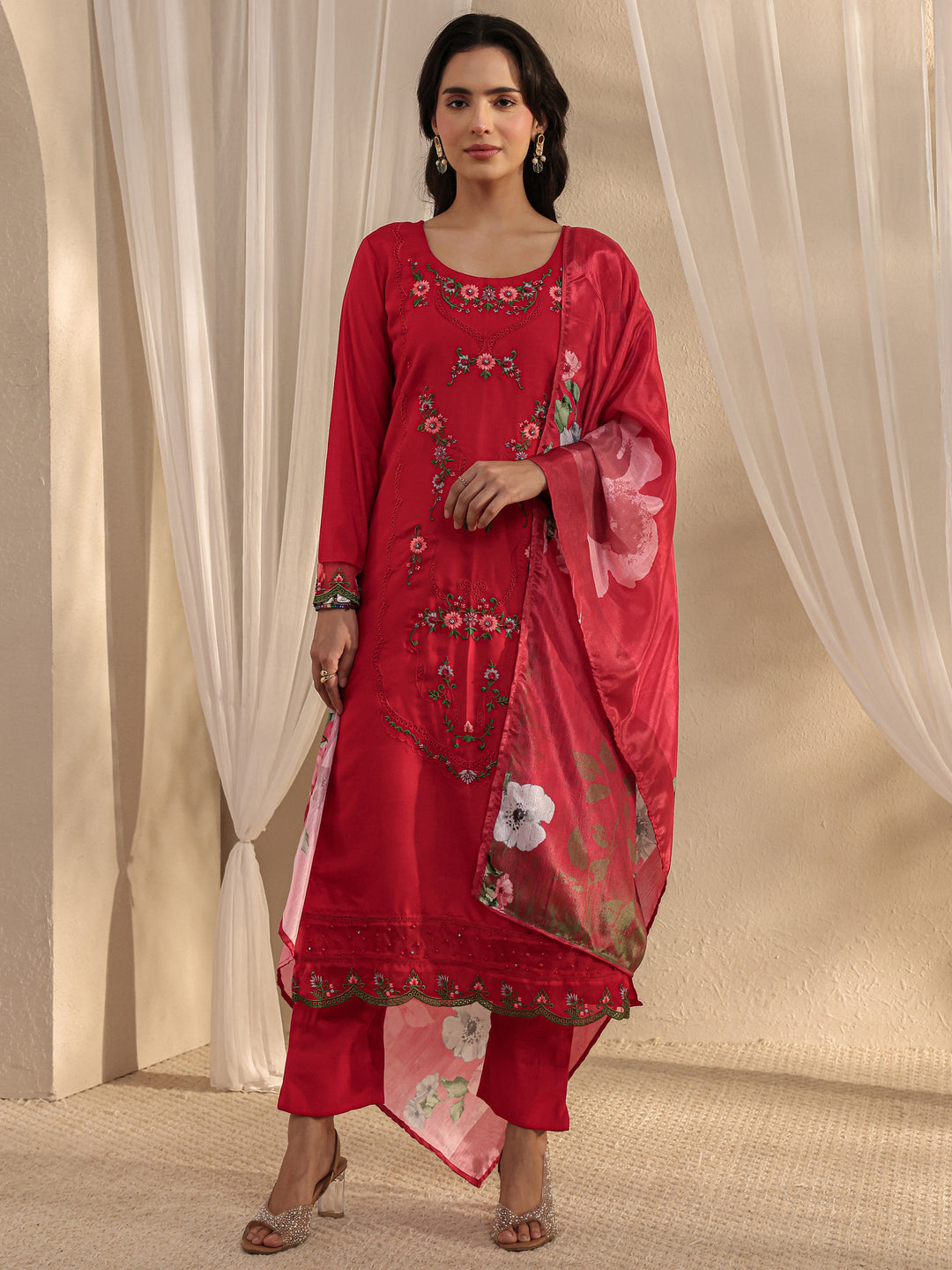 Red Floral Embroidered Silk Blend Straight Suit Set With Dupatta