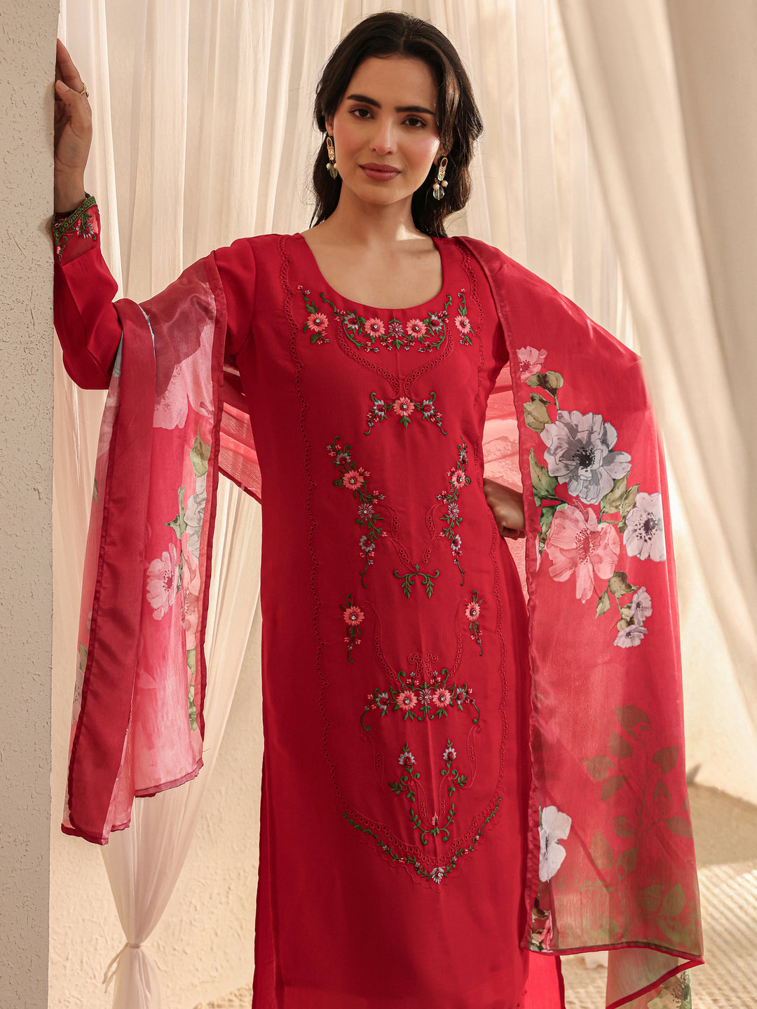 Red Floral Embroidered Silk Blend Straight Suit Set With Dupatta