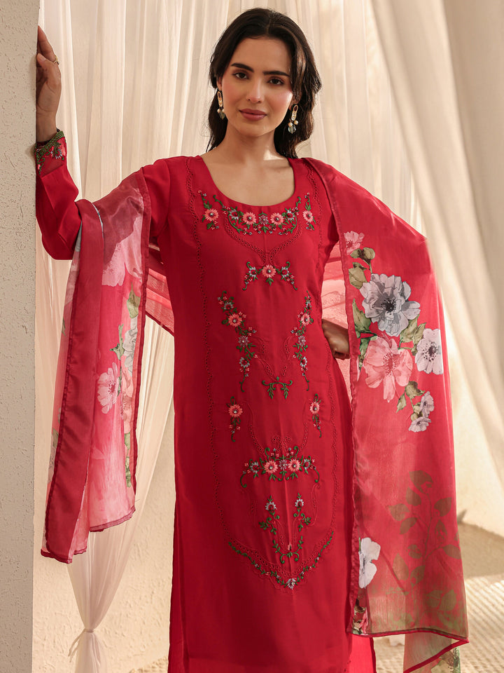 Red Floral Embroidered Silk Blend Straight Suit Set With Dupatta