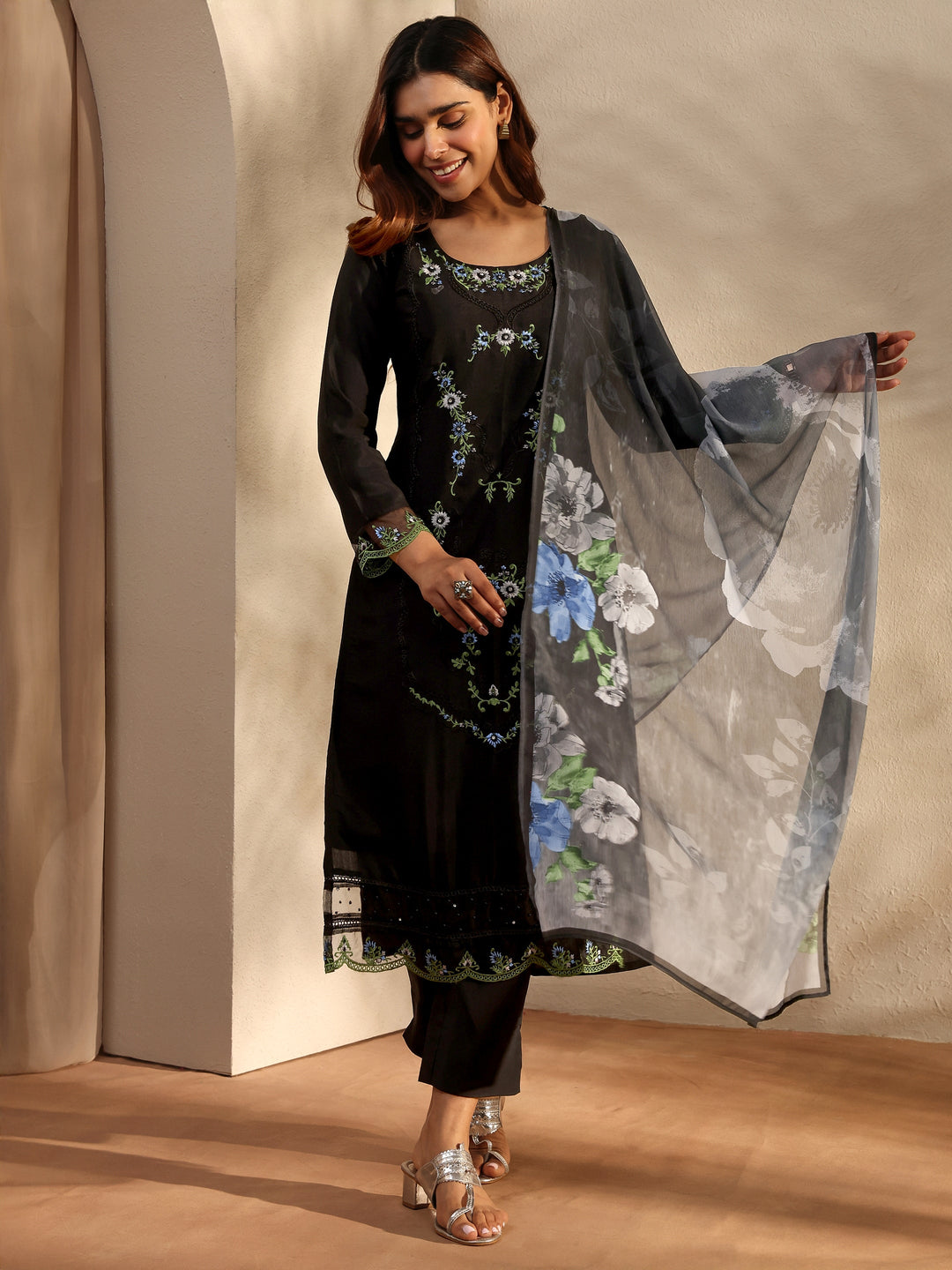 Black Floral Embroidered Silk Blend Straight Suit Set With Dupatta