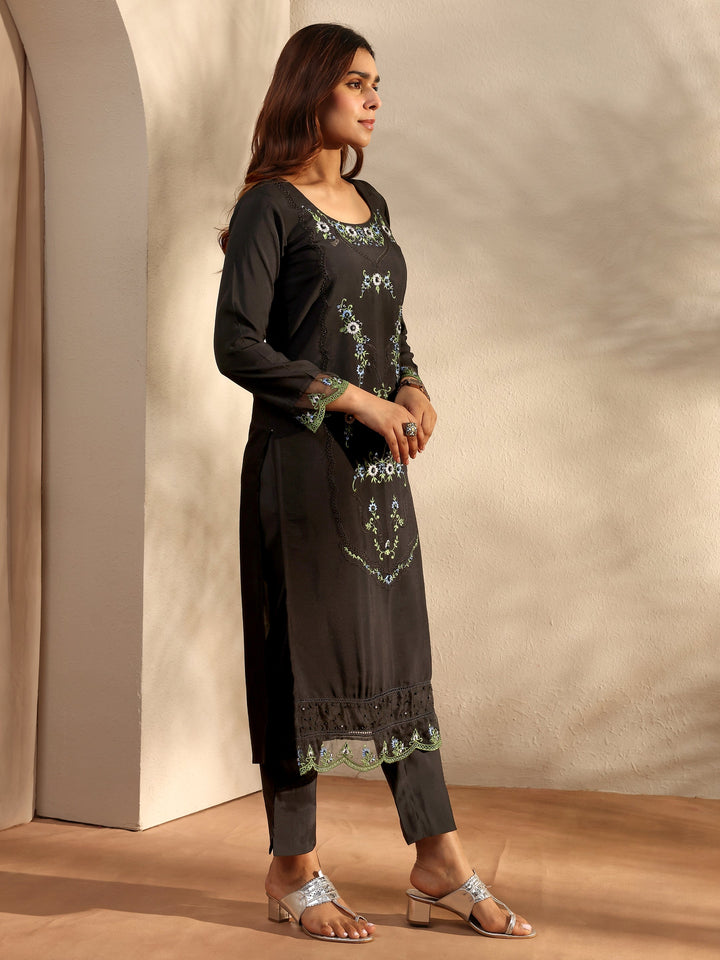 Black Floral Embroidered Silk Blend Straight Suit Set With Dupatta