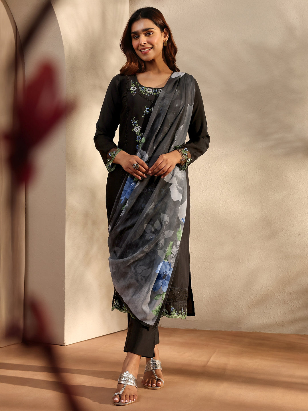 Black Floral Embroidered Silk Blend Straight Suit Set With Dupatta