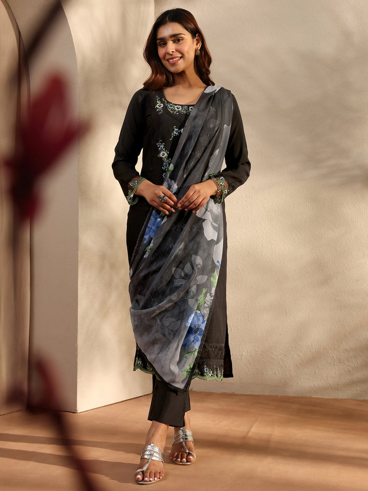 Black Floral Embroidered Silk Blend Straight Suit Set With Dupatta