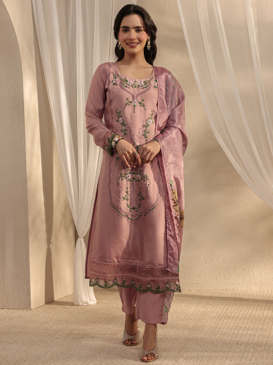 Peach Floral Embroidered Silk Blend Straight Suit Set With Dupatta