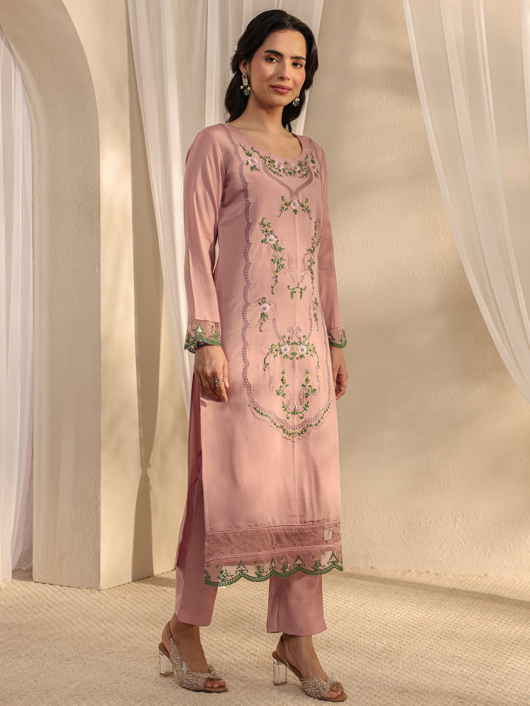 Peach Floral Embroidered Silk Blend Straight Suit Set With Dupatta